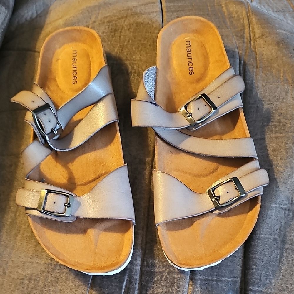 Maurices Metallic Silver Double-Buckle Slide Sandals - Picture 1 of 2